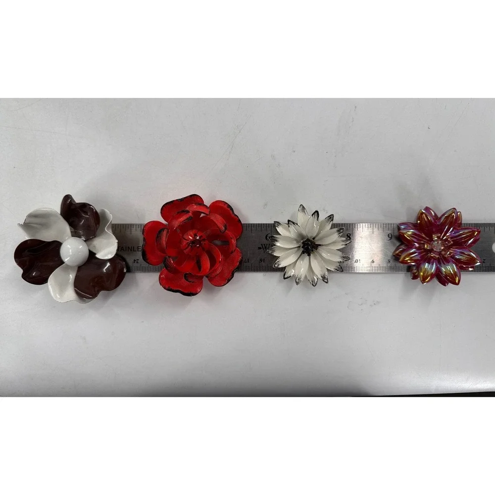 Vintage‎ Enamel Flower Brooch Lot 7pc Mod Pop Art Floral Pins Red White Teal